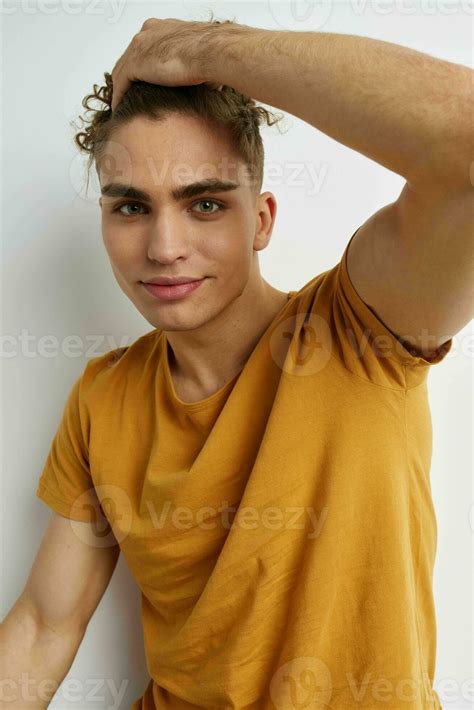 Kinky Guy In Yellow T Shirts Gesture Hands Emotions Isolated Background