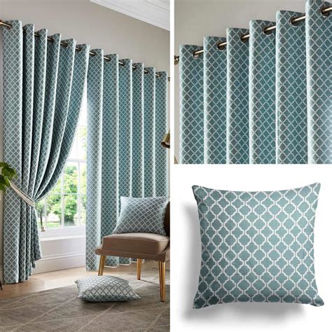 Teal Eyelet Curtains Lined Geometric Jacquard Ready Made Ring Top