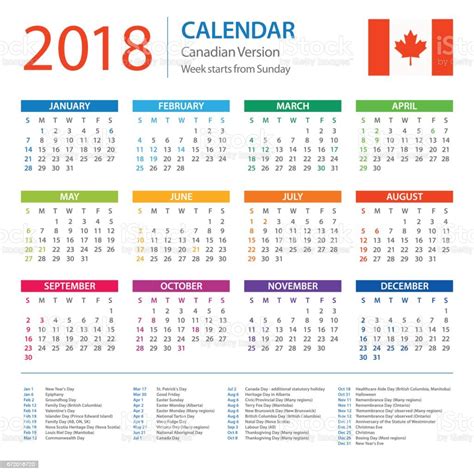 Calendar 2018 Canadian Version With Holidays Stock Illustration