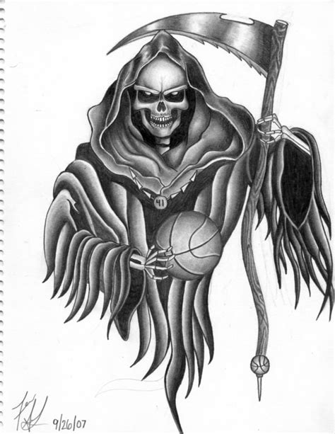 Grey Ink Grim Reaper And Dice Tattoos
