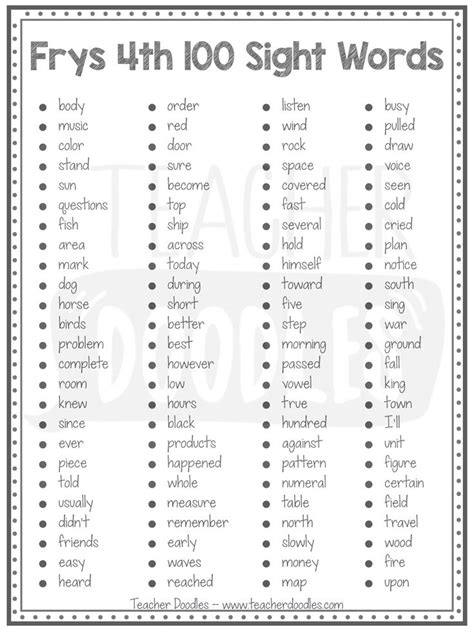 Freebie Frys First 500 Sight Words List Sight Words List 4th Grade