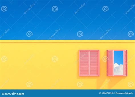 Minimal Abstract Building With Pink Window On Blue Sky Background