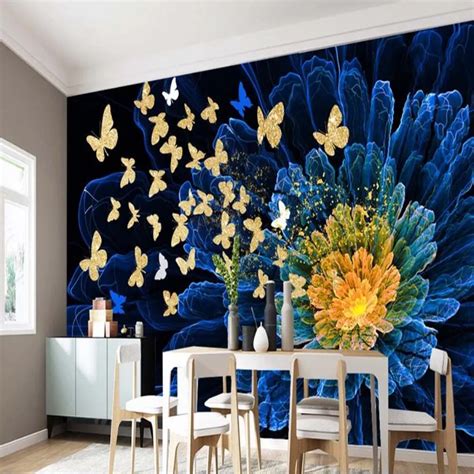 Modern Blue Flower Butterfly Wallpaper Mural Wall Paper Roll Living