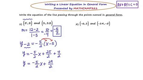 Mathcamp321 Algebra 2 Linear Equations In General Form Youtube