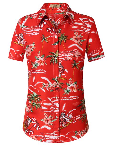 SSLR Women Santa Claus Ugly Hawaiian Christmas Shirts Tropical Aloha Beach Shirt Button Down