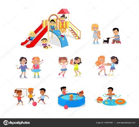 Children Spending Time On Playground Or In Pool — Stock Vector