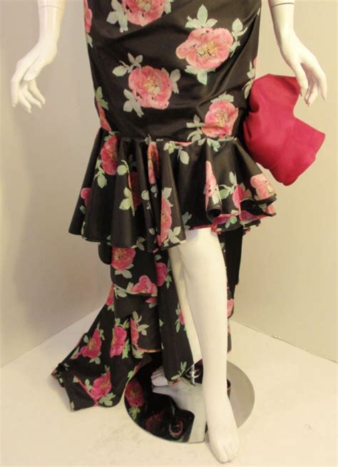 Emanuel Ungaro Black And Pink Floral Strapless Evening Gown 1980s For