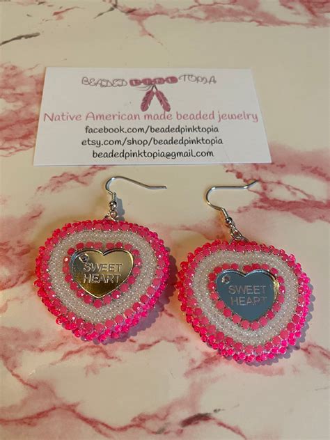 Sweetheart Valentine Hot Pink Heart Beaded Earrings Etsy In 2021