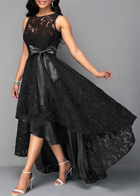 High Low Black Sleeveless Belted Lace Dress Usd 4545