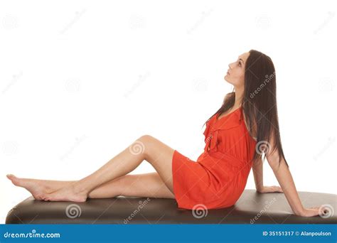 Woman Red Dress Sit Back Look Up Stock Image Image Of Perfect Model