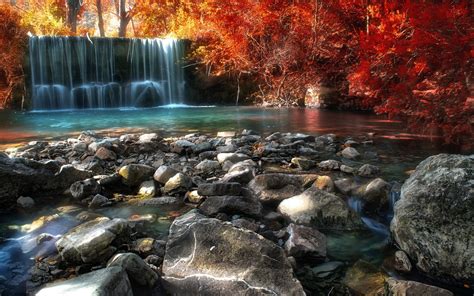 Nature Landscape Fall River Pond Trees Italy Waterfall Stones Forest Sunlight Red