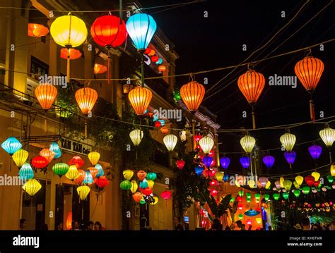 Paper Lanterns Lighted Up On The Streets Of Hoi An Vietnam During The