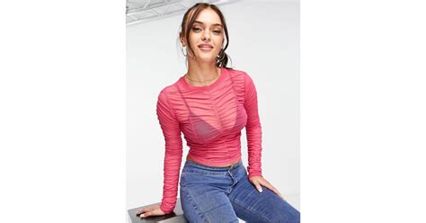 Stradivarius Ruched Mesh Top In Pink Lyst