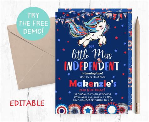 12900 fll challenge set optional. Editable Little Miss Independent Invitation Unicorn 4th of ...