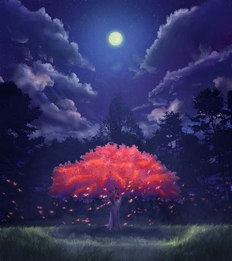 Cherry Blossom Tree Anime Night Original Art Two Cherry Trees Nature