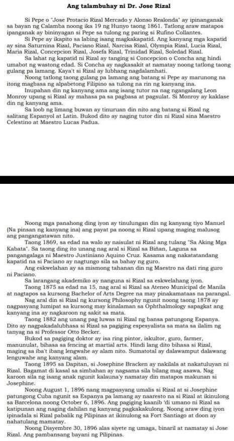 Magbigay Ng Limang Impormasyon Tungkol Kay Rizal Mula Sa Nabasang Teksto Brainly Ph