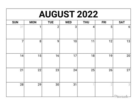 August 2022 Calendar Free Printable With Holidays