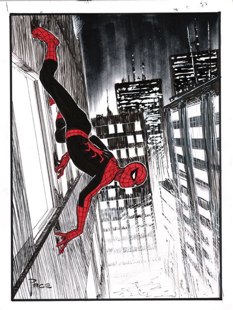 A Drawing Of A Spider Man Hanging Off The Side Of A Building With