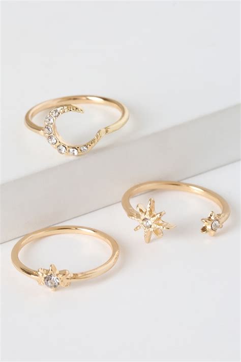 Cute Gold Ring Set Star And Moon Rings Celestial Rings