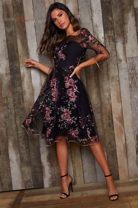 Floral Embroidered Overlay Midi Dress In Black Embroidered Midi Dress