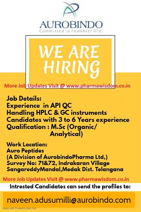 Register free to upload your resume and apply to various job vacancies! Urgent Vacancy @ Aurobindo Pharma Limited - PHARMA WISDOM