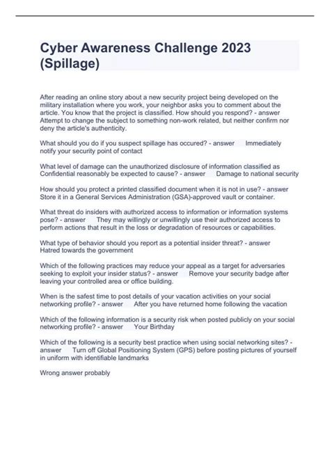 Cyber Awareness Challenge 2023 (Spillage) Questions with Accurate
