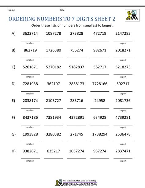 Ordering Large Numbers 5th Grade