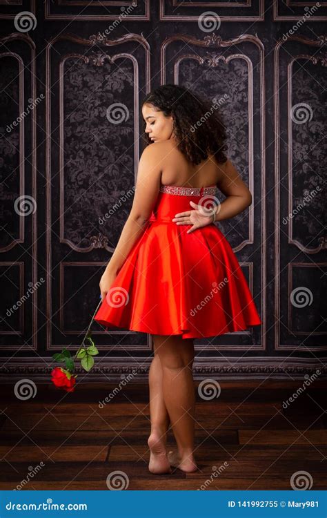 Beautiful Biracial High School Senior Wearing Red Prom Dress Stock Image Image Of African