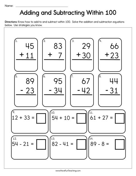 There is a space on. Adding and Subtracting Within 100 Worksheet | Have Fun ...