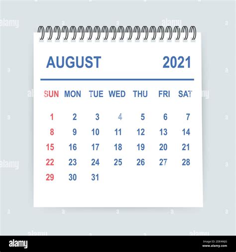 August 2021 Calendar Leaf Calendar 2021 In Flat Style Vector