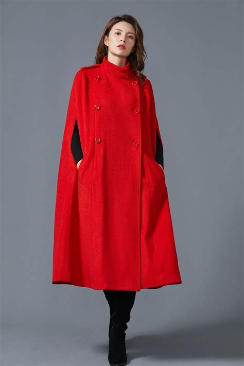 Wool Coat Cloak In Red Double Breasted Wool Jacket Military Wool Cape