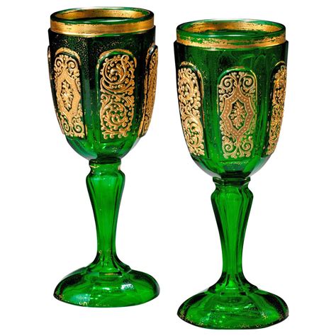 Pair Of Bohemian Dark Green Glass Goblets For Sale At 1stdibs