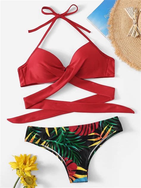Cross Wrap Halter Top And Random Tropical Panty Bikini Set Shein
