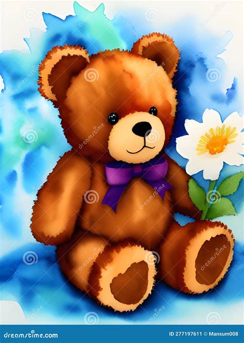 Teddy Bear With A Flower Watercolor Style Ai Generated Stock Image