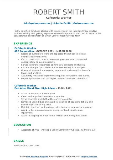 cafeteria worker resume samples qwikresume