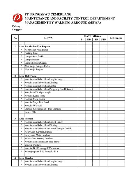 Contoh Checklist Kebersihan Restoran Rebung Imagesee