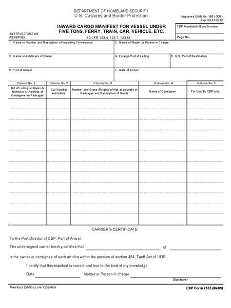Us Customs Form Cbp Form 7533 Inward Cargo Manifest For Vessel