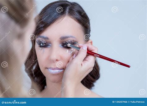 Backstage Scene Professional Make Up Artist Doing Glamour Model Makeup At Workbeauty Model
