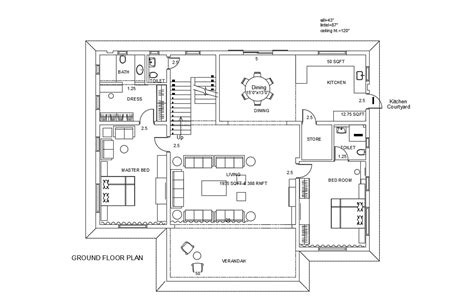 2bhk Bungalow Design Furniture Layout Autocad Drawing Plan Cadbull
