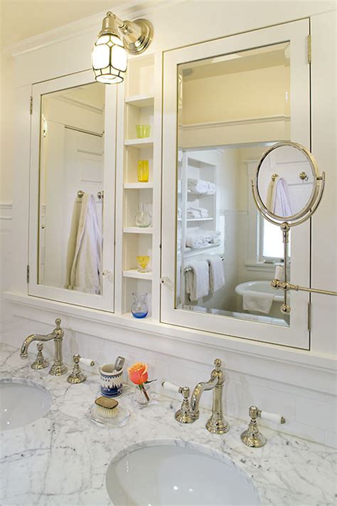 Two mirrored doors swing out to reveal five adjustable glass shelves. Magnificent recessed medicine cabinet in Bathroom ...