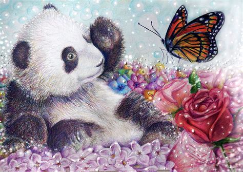 Hd Wallpaper White And Black Panda And Brown Butterfly Painting