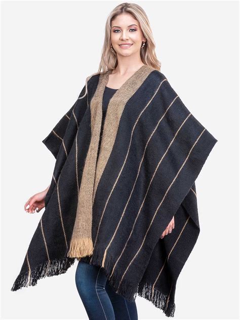 Inti Alpaca Womens Ruana Poncho In Black And Beige Wool Alpaca Wrap Wool Long Cape Fashion