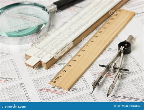 Engineering Tools On Technical Drawing Stock Photo Image Of Compasses
