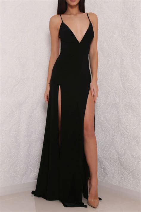 Sexy High Slit Black Open Back Prom Dresses Long Black Evening Gown Okdresses