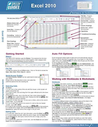 Microsoft Excel 2010 Laminated Quick Reference Guide Cheat Sheet By