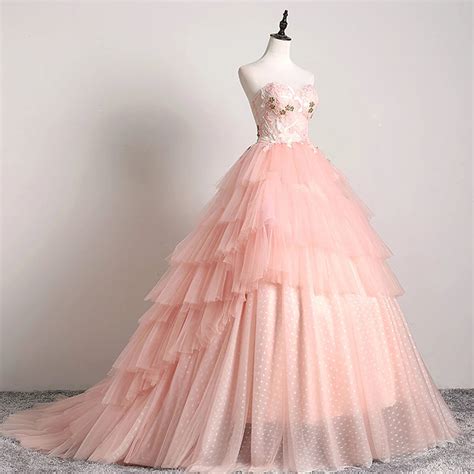 Ball Gown Pink 3d Lace Multi Layered Prom Dress Tulle Quinceanera Dress