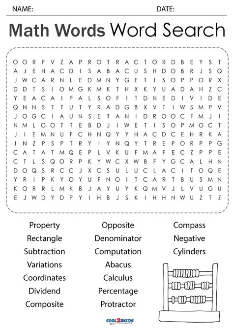 Printable Math Word Search