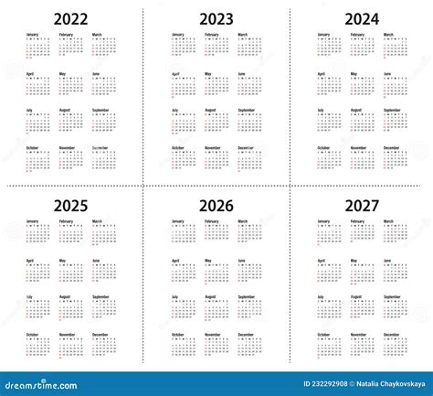 Calendar 2022 2023 2024 2025 2026 2027 Year Vector Stock