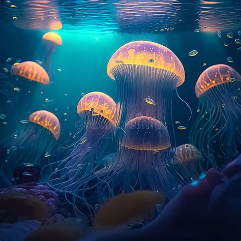 Colorful Jellyfish Underwater Jellyfish Moving In Water Illustration