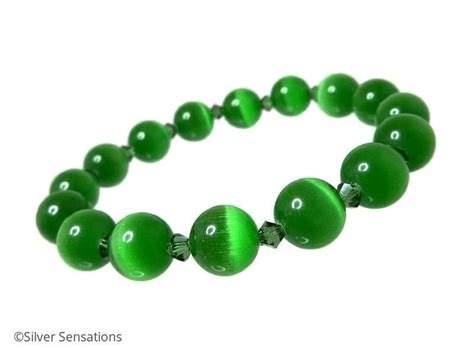 chunky emerald green cat s eye beaded bracelet with swarovski crystals silver sensations